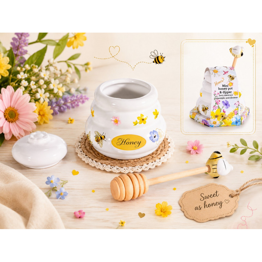 Pot à miel cuillère bois avec abeille