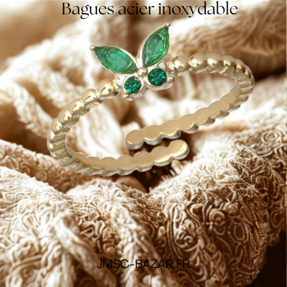 Bague Ajustable papillon Verte – Acier Inoxydable Doré
