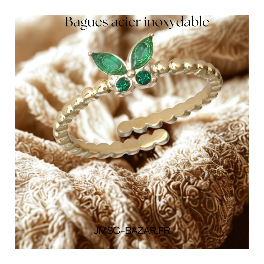 Bague Ajustable papillon Verte – Acier Inoxydable Doré