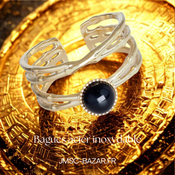 Bague Ajustable Pierre Noire – Acier Inoxydable Doré