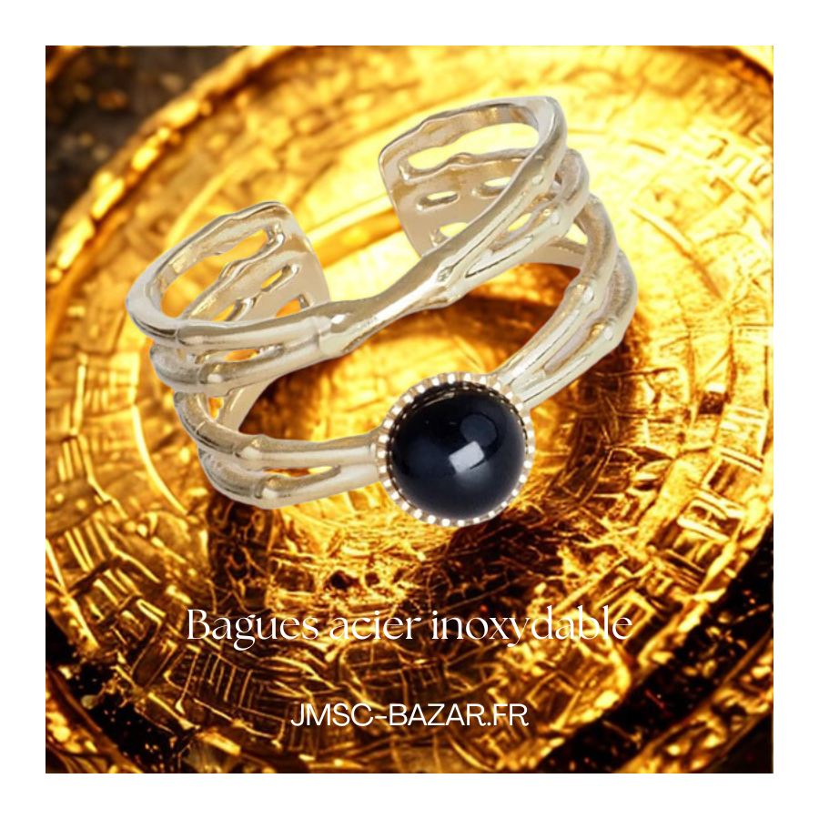Bague Ajustable Pierre Noire – Acier Inoxydable Doré