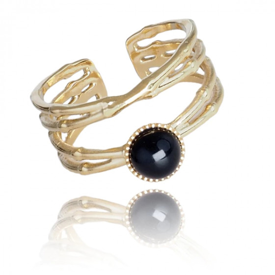 Bague Ajustable Pierre Noire – Acier Inoxydable Doré