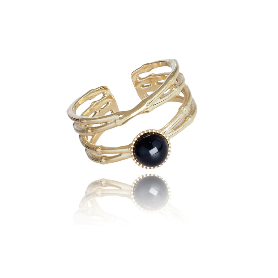 Bague Ajustable Pierre Noire – Acier Inoxydable Doré