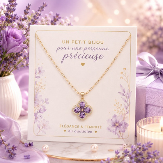 Collier Fleur Cristal Violet – Acier Inoxydable Doré