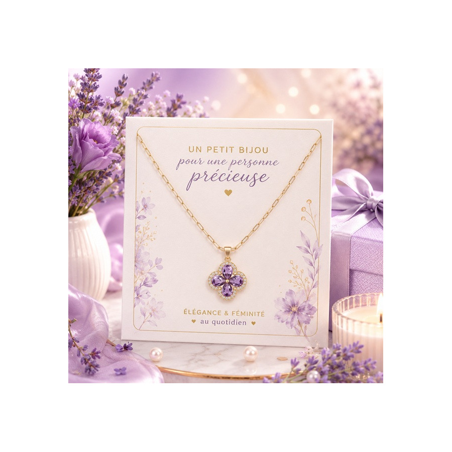 Collier Fleur Cristal Violet – Acier Inoxydable Doré