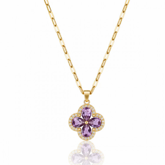 Collier Fleur Cristal Violet – Acier Inoxydable Doré