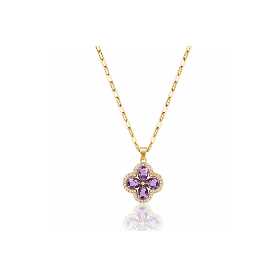 Collier Fleur Cristal Violet – Acier Inoxydable Doré