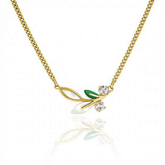 Collier Feuille Élégance – Acier Inoxydable Doré avec Cristaux