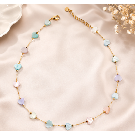 Collier cœurs pastel doré
